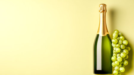 Champagne bottle with a gold top lies on a yellow surface next to a cluster of green grapes, creating a visually appealing arrangement with ample copy spaceの素材