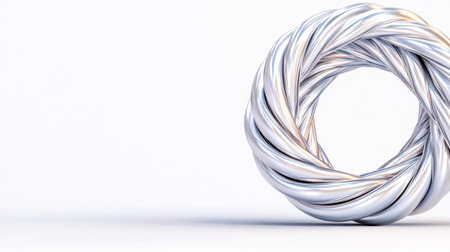 Intertwined silver metallic cables creating a circular shape on a minimalist white background, symbolizing connection, technology, and modern designの素材