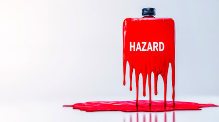 Red container with the inscription hazard is melting, forming drips of liquid on a white background, representing dangerous chemical spills and industrial accidentsの素材