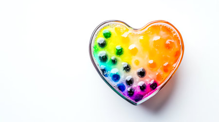 Colorful rainbow boba pearls arranged in a gradient inside a heart shaped glass cup filled with bubble tea, creating a visually appealing and refreshing beverage against a clean white backdropの素材