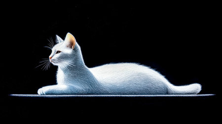 Hyperrealistic chalk drawing of a white cat lounging gracefully on a black background, creating a striking contrast and highlighting the delicate details of its fur and postureの素材