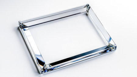 Empty transparent glass and thin metal photo frame with beveled edges is lying on a white surface, creating a sleek and minimalist presentationの素材