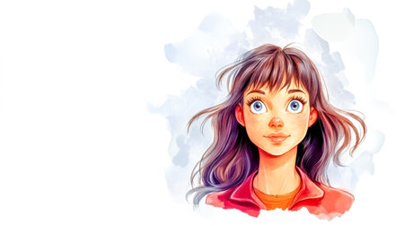 Watercolor painting of a young woman with long brown hair and bright blue eyes, gazing upwards with a gentle smile, radiating hope and happiness against a dreamy backdropの素材