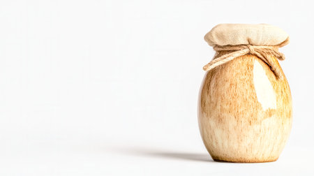 Glossy ceramic jar with a tied fabric lid is standing on a white background, creating a rustic and minimalist aesthetic perfect for storing dry goods or displaying as a decorative itemの素材