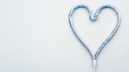 Long white cable coiled into the shape of a heart lying on a light blue background represents love for technology, connection, and communicationの素材