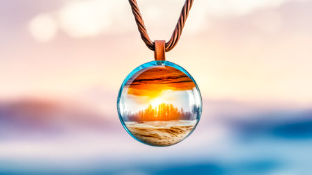 Close up of a handcrafted resin pendant containing a miniature winter landscape at sunset, hanging from a brown cord against a blurred backgroundの素材