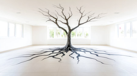 Surreal upside down tree growing through floor in white roomの素材