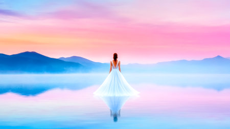 Woman in a long white dress is walking on a body of water with a pastel colored sunset and mountains in the background, creating a dreamy and surreal atmosphereの素材