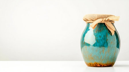 Glossy turquoise ceramic jar with tied natural fabric lid sitting on a white surface, creating a rustic yet elegant aesthetic against a minimalist backdropの素材