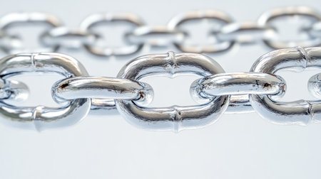 Shiny metal chain links interconnected, creating a strong and unbreakable bond, symbolizing strength, connection, and resilience on a clean white backgroundの素材