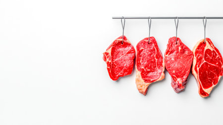 Large cuts of fresh red meat are hanging on stainless steel hooks against a white background, creating a visually appealing display for a butcher shop or meatpacking plantの素材