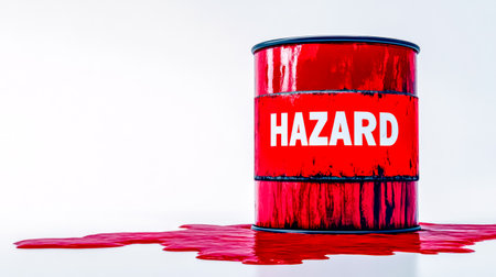 Red barrel labeled hazard leaking a dangerous red liquid on a clean white background, representing environmental pollution and industrial chemical spillsの素材