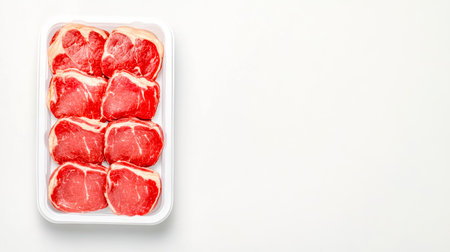 Premium cuts of beef are neatly arranged in a white plastic tray, showcasing their vibrant red color and marbling against a clean white background, ideal for food photography or culinary projectsの素材