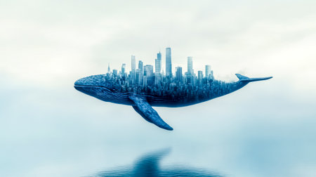 Majestic whale flying over the ocean carries a futuristic cityscape on its back, creating a surreal and thought provoking image about the delicate balance between nature and urban developmentの素材
