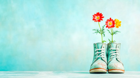 Colorful flowers are growing from a pair of turquoise shoes placed on a white wooden table against a vibrant teal background, creating a cheerful and whimsical scene of springの素材