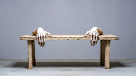Two sculpted human arms support a simple wooden table against a gray backdrop, creating a surreal and thought provoking scene with a minimalist aestheticの素材