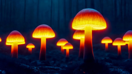 Bioluminescent mushrooms glowing softly in a dark forest, casting a warm and inviting light that creates a magical, otherworldly atmosphere during the serene nightの素材