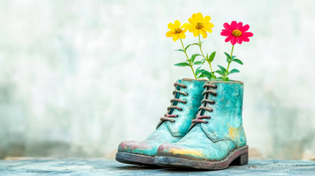 Colorful flowers blooming from a pair of turquoise boots create a unique and artistic gardening display, surrounded by a softly blurred background that enhances the vibrant beautyの素材