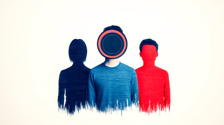 Three individuals are obscured by digital glitches and a circular overlay, representing anonymity, data privacy, censorship, and the challenges of identity in the digital ageの素材