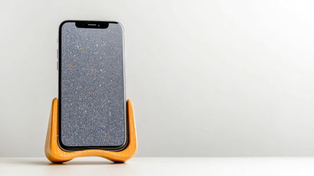 Modern smartphone with a textured screen displaying a subtle pattern, resting on a sleek wooden stand against a minimalist white backdrop, creating a contemporary aestheticの素材