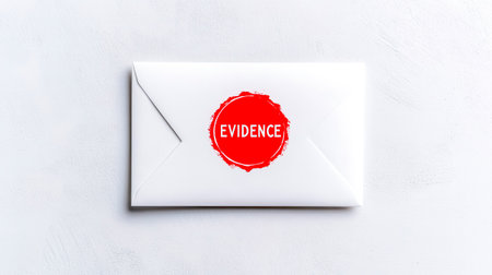 Important evidence is being sent in a sealed white envelope with a bold red evidence stamp, suggesting a crucial piece of information related to a legal case or investigationの素材
