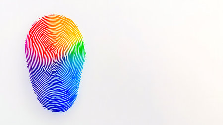 Colorful fingerprint representing individuality, diversity, and biometric identification using a vibrant rainbow gradient on a clean white backgroundの素材