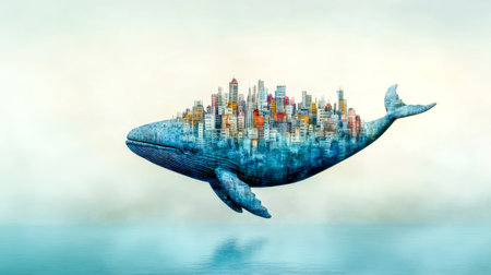 Giant whale flying over the sea, carrying a futuristic city built on its back, symbolizing the delicate balance between urban development and environmental preservationの素材