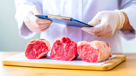 Quality control worker wearing lab coat and gloves inspecting beef cuts on cutting board, holding clipboard and performing food safety check in meat processing facilityの素材