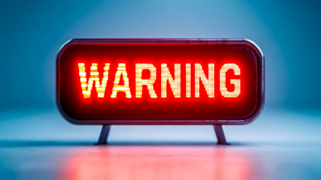 Futuristic digital display with the word warning illuminated in bright red, conveying a sense of urgency and potential danger in a sleek, modern designの素材
