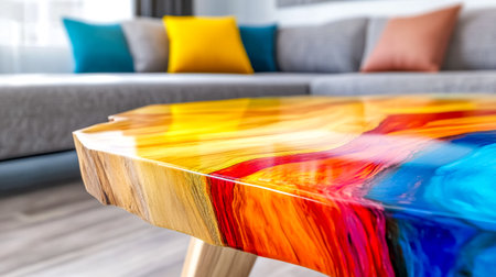 Vibrant, colorful resin and wood coffee table stands in front of a comfortable sofa with colorful cushions, creating a stylish and modern living room atmosphereの素材