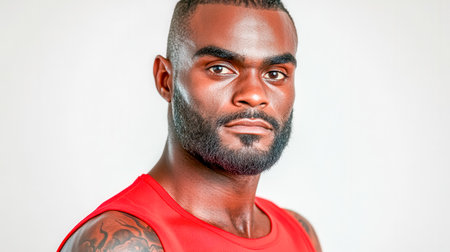 Close up studio portrait of a confident, serious looking young black man with a beard and tattoos, wearing a red sleeveless shirt against a clean white background, exuding strength and styleの素材