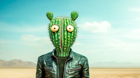 Surreal cactus head adorned in a leather jacket, standing boldly in an expansive desert landscape, creating a strikingly unique and thought provoking scene filled with whimsy and intrigueの素材