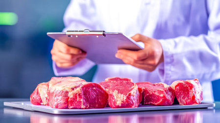 Quality control worker in a white lab coat holds a clipboard while inspecting cuts of red meat in a food processing facility, ensuring product safety and compliance with industry standardsの素材