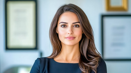 Professional businesswoman exudes confidence and competence in a modern office environment, framed certificates subtly showcasing her achievements and adding to the professional atmosphereの素材