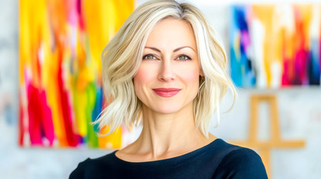 Successful artist stands confidently in a colorful studio, with abstract paintings in the background. The bright atmosphere reflects creativity and artistic passionの素材