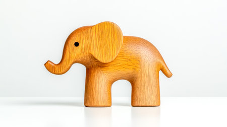 Handcrafted wooden toy shaped like an elephant is standing on a white surface, showcasing the natural beauty of wood grain and craftsmanshipの素材