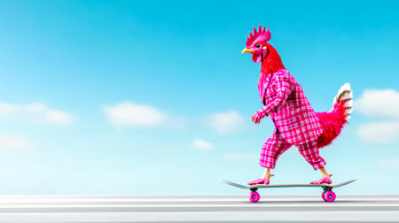 Large pink chicken wearing a pink checkered suit rides a skateboard on a seemingly endless road against a clear blue sky with some small cloudsの素材