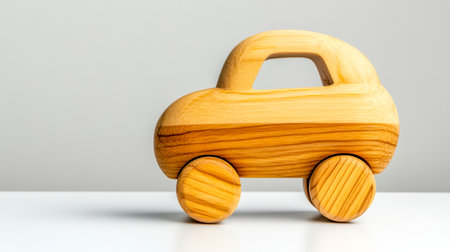 Handcrafted wooden toy car with smooth edges and natural grain resting on a white surface, embodying childhood, sustainability, and traditional craftsmanshipの素材