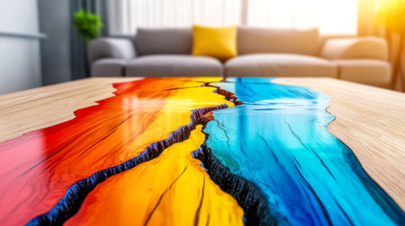 Luxurious epoxy resin and wooden coffee table showing artistic colorful cracks filling the wood in a blurred living room with a sofa and a yellow pillowの素材