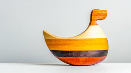Colorful wooden duck toy showcasing craftsmanship and smooth, natural finish, placed on a minimalist white surface against a plain backgroundの素材