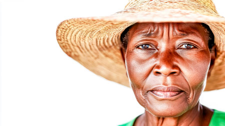 Close up portrait of a determined senior African farmer woman wearing a straw hat, her face etched with the wisdom of years spent working the land, embodying strength and resilienceの素材