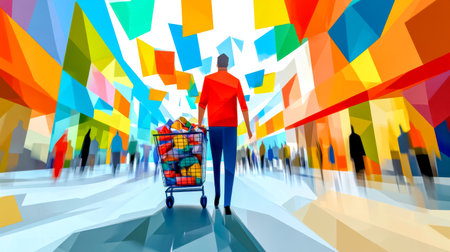 Stylized illustration depicts a shopper pushing an overflowing shopping cart full of colorful gifts through a busy. Colorful. Geometric shopping mall. Representing consumerism and holiday shoppingの素材