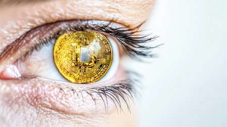 Reflecting golden cryptocurrency coin in a woman's eye, symbolizing the rising interest and investment in digital currencies, showcasing the intersection of finance and technologyの素材