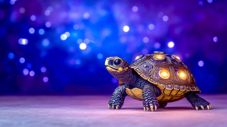 Small turtle walking on a surface with a vintage radio as its shell against a blurred blue and purple bokeh background, creating a surreal and whimsical atmosphereの素材