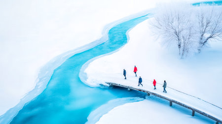 Four tourists walking across a snow covered footbridge over a frozen river, surrounded by a picturesque winter wonderland of snow laden trees and serene natureの素材