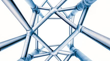Shiny metal pipes are forming a complex geometric structure, creating an abstract and futuristic design against a clean white background, ideal for industrial or technological conceptsの素材