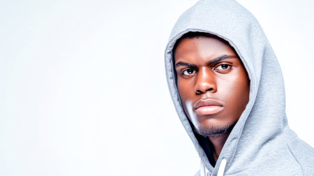 Studio portrait featuring a young African American man in a gray hoodie, exuding seriousness and confidence with an intense gaze and a stylish, contemporary lookの素材