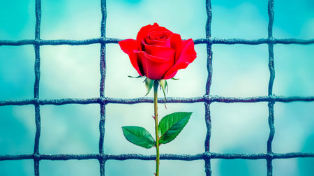 Red rose growing through gaps of a metal fence against a turquoise background, representing concepts of hope, freedom, and resilience in adverse environmentsの素材