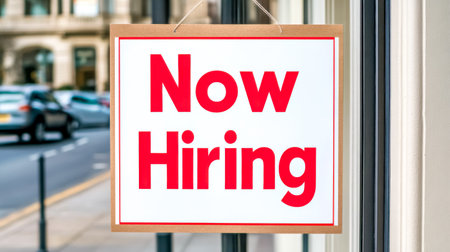 Large now hiring sign prominently displayed on a storefront window, signaling job opportunities. The bold red text on a white background attracts attention from passersby on a busy streetの素材
