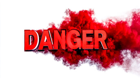 Red danger sign emerging from swirling red smoke creating a dramatic and urgent warning on a clean white background, ideal for safety and hazard communicationの素材